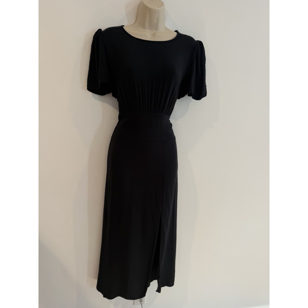 AFRM Jamie Midi Dress Lg Black Empire Waist Puff Sleeve Open Back Classic Retro - Picture 7 of 11